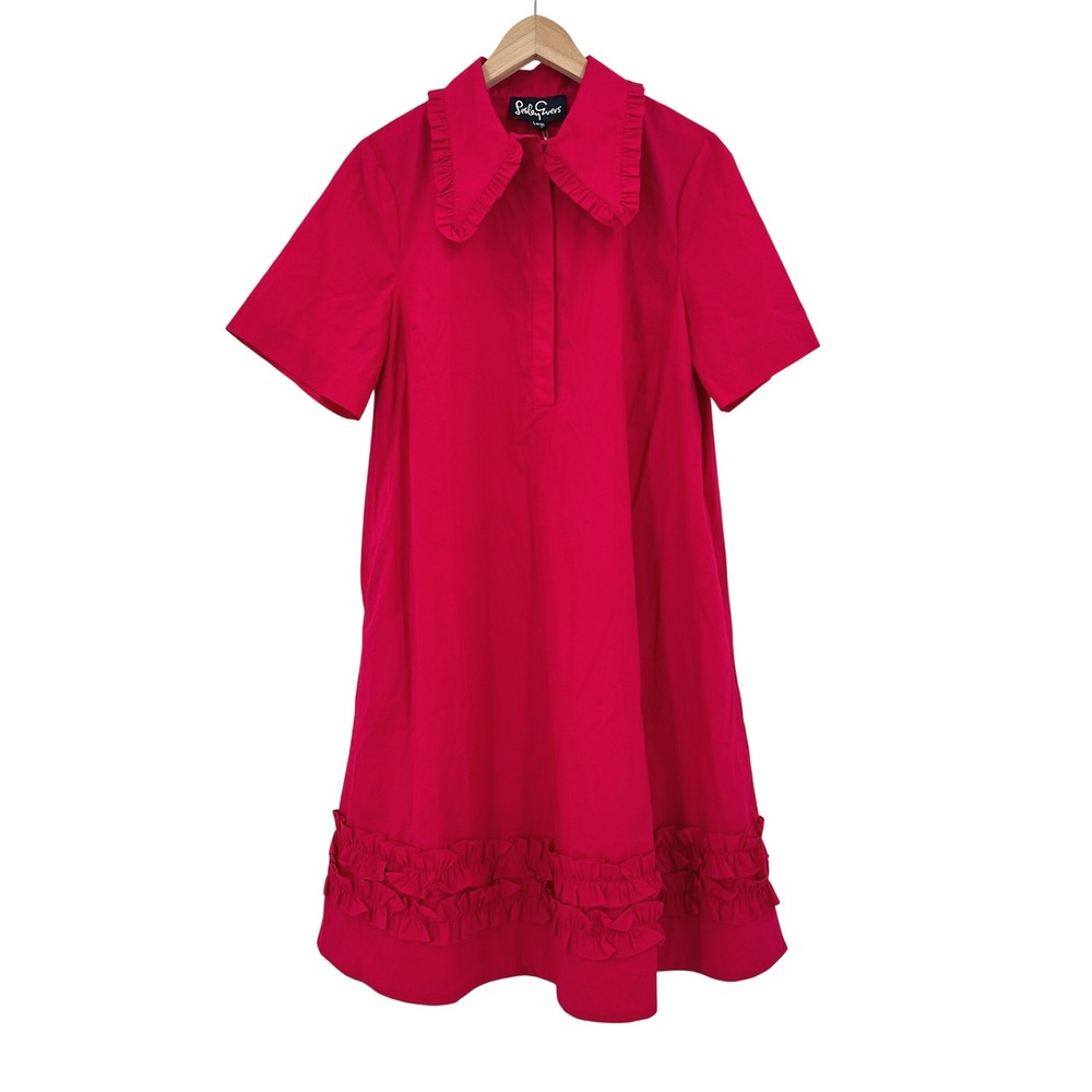 Lesley Evers Harper Magenta Pink Cotton Ruffle Collar Shift Dress Large NWT READ